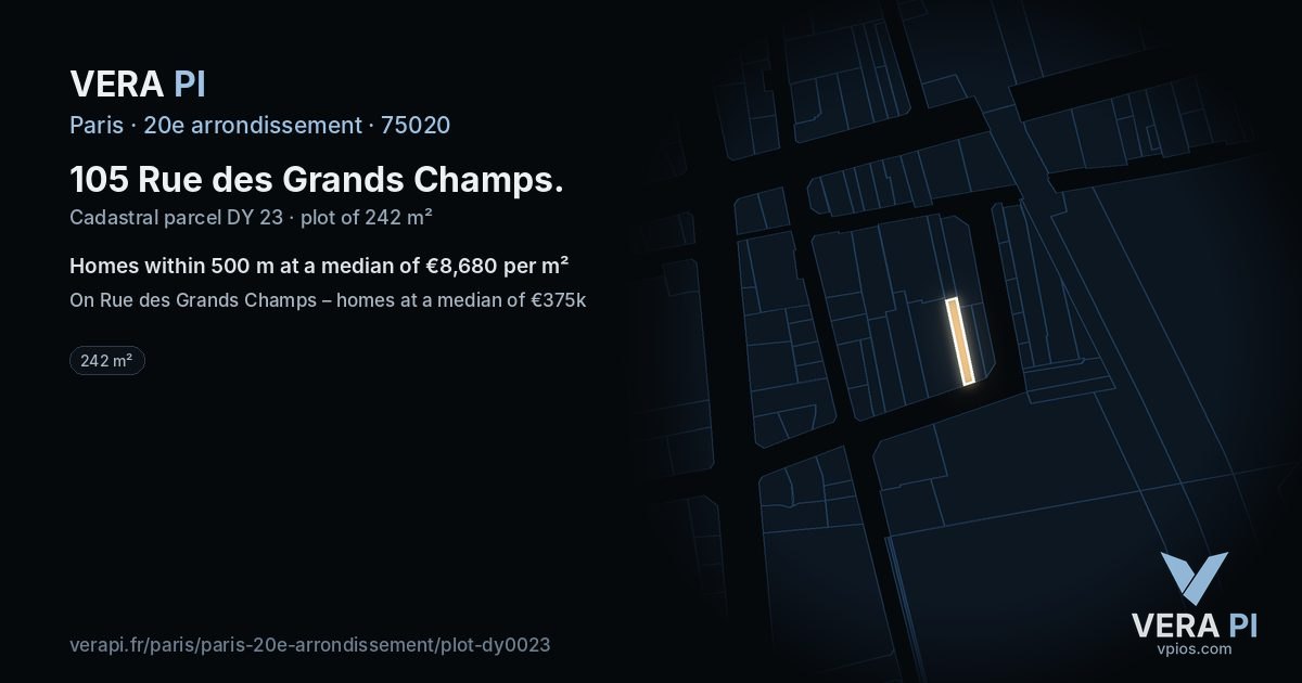 105 Rue des Grands Champs, 20e arrondissement at night – the plot lit, the parcels around coloured by the prices near them