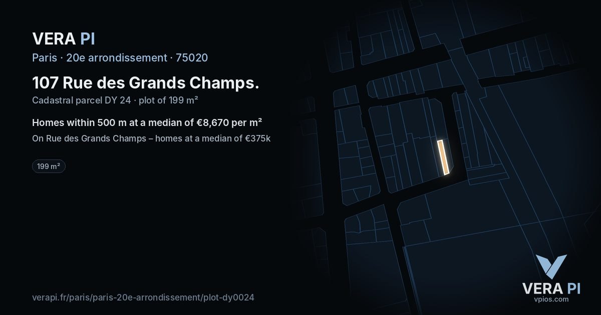 107 Rue des Grands Champs, 20e arrondissement at night – the plot lit, the parcels around coloured by the prices near them