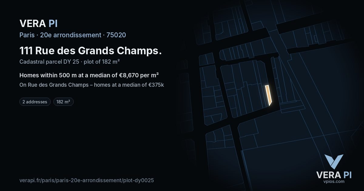 111 Rue des Grands Champs, 20e arrondissement at night – the plot lit, the parcels around coloured by the prices near them