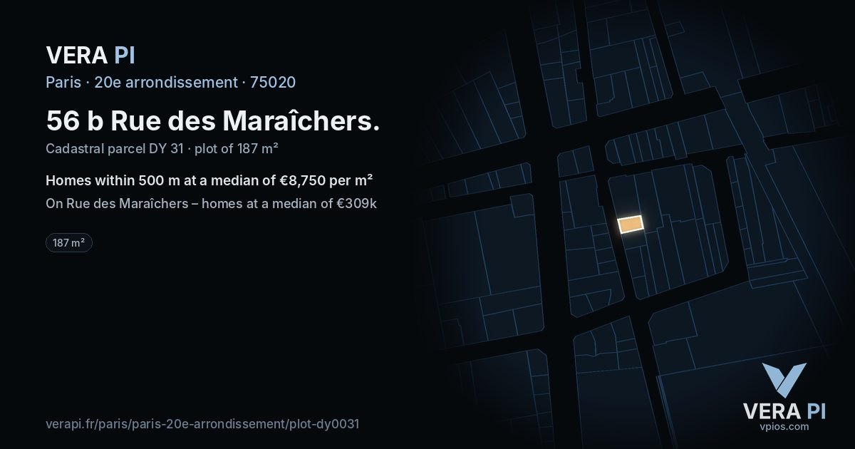 56 b Rue des Maraîchers, 20e arrondissement at night – the plot lit, the parcels around coloured by the prices near them