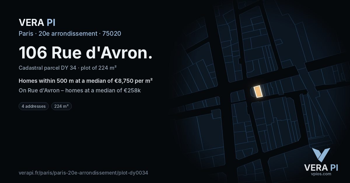 106 Rue d'Avron, 20e arrondissement at night – the plot lit, the parcels around coloured by the prices near them