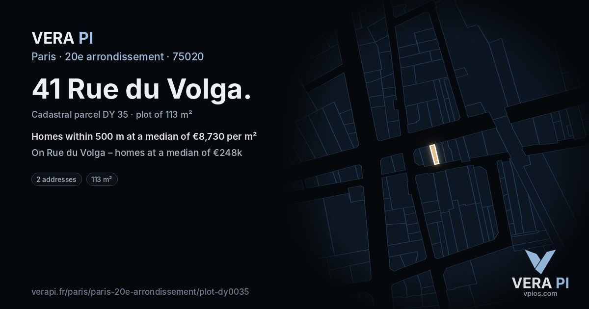 41 Rue du Volga, 20e arrondissement at night – the plot lit, the parcels around coloured by the prices near them