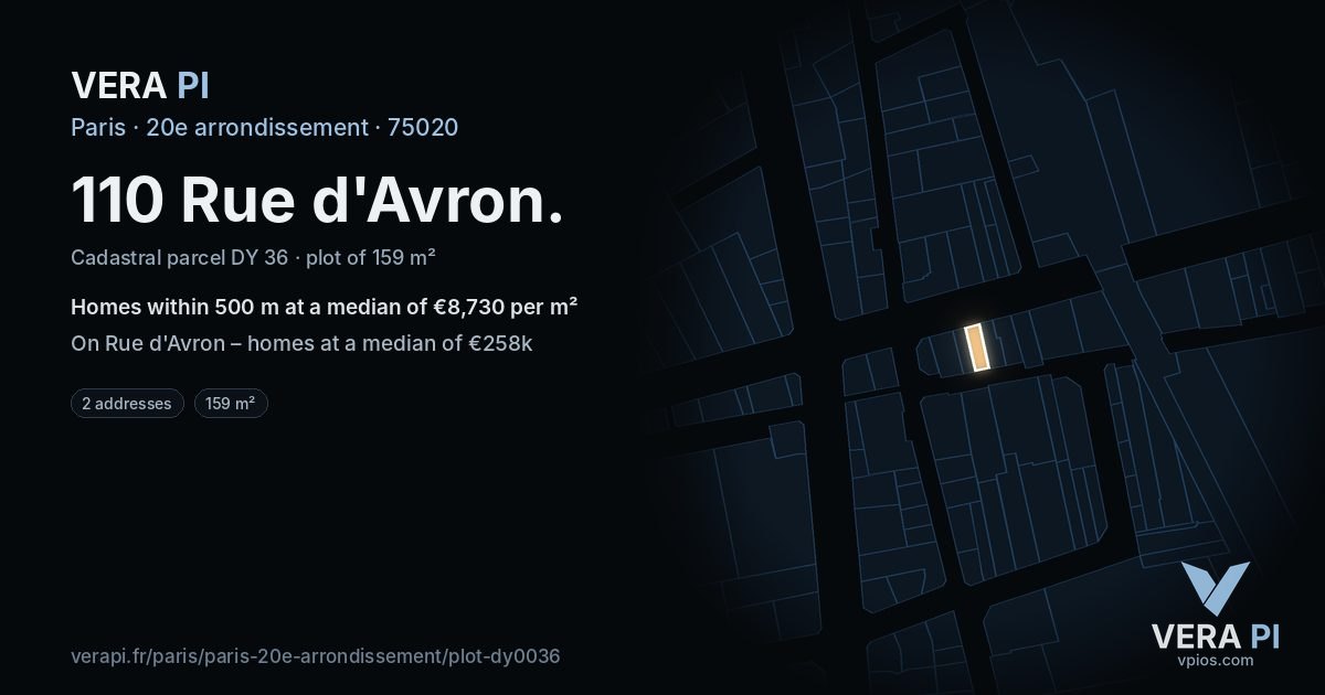 110 Rue d'Avron, 20e arrondissement at night – the plot lit, the parcels around coloured by the prices near them