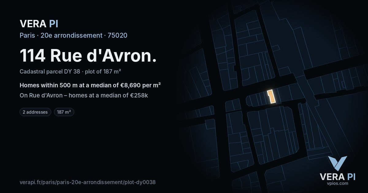 114 Rue d'Avron, 20e arrondissement at night – the plot lit, the parcels around coloured by the prices near them