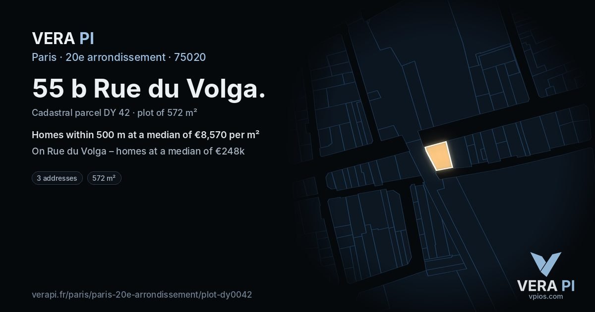 55 b Rue du Volga, 20e arrondissement at night – the plot lit, the parcels around coloured by the prices near them