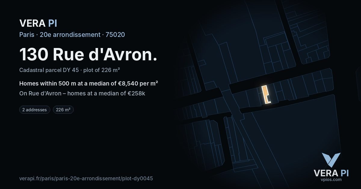 130 Rue d'Avron, 20e arrondissement at night – the plot lit, the parcels around coloured by the prices near them