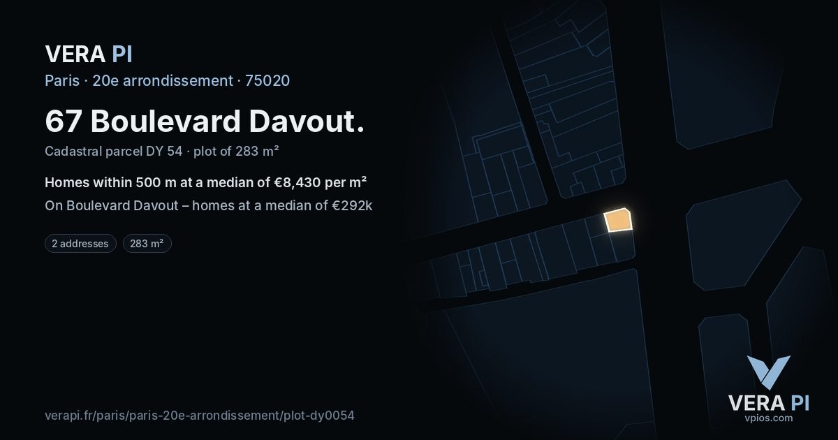 67 Boulevard Davout, 20e arrondissement at night – the plot lit, the parcels around coloured by the prices near them