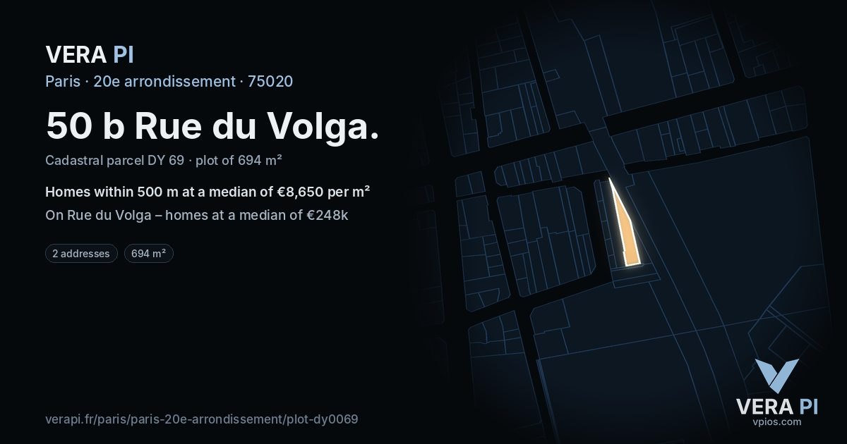 50 b Rue du Volga, 20e arrondissement at night – the plot lit, the parcels around coloured by the prices near them