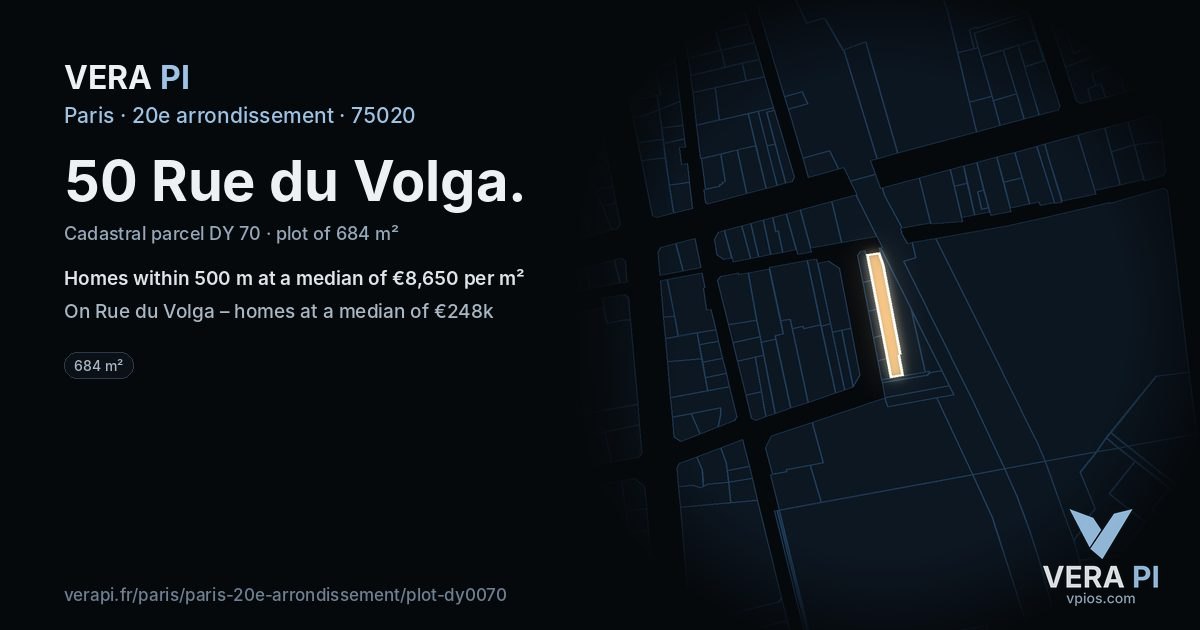 50 Rue du Volga, 20e arrondissement at night – the plot lit, the parcels around coloured by the prices near them