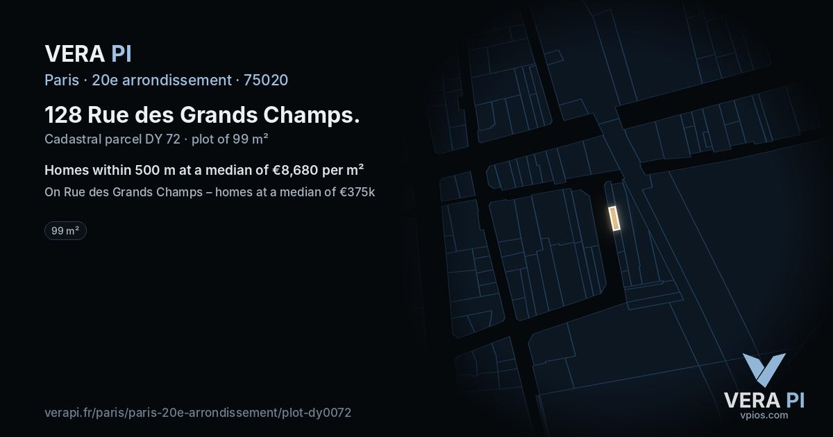 128 Rue des Grands Champs, 20e arrondissement at night – the plot lit, the parcels around coloured by the prices near them