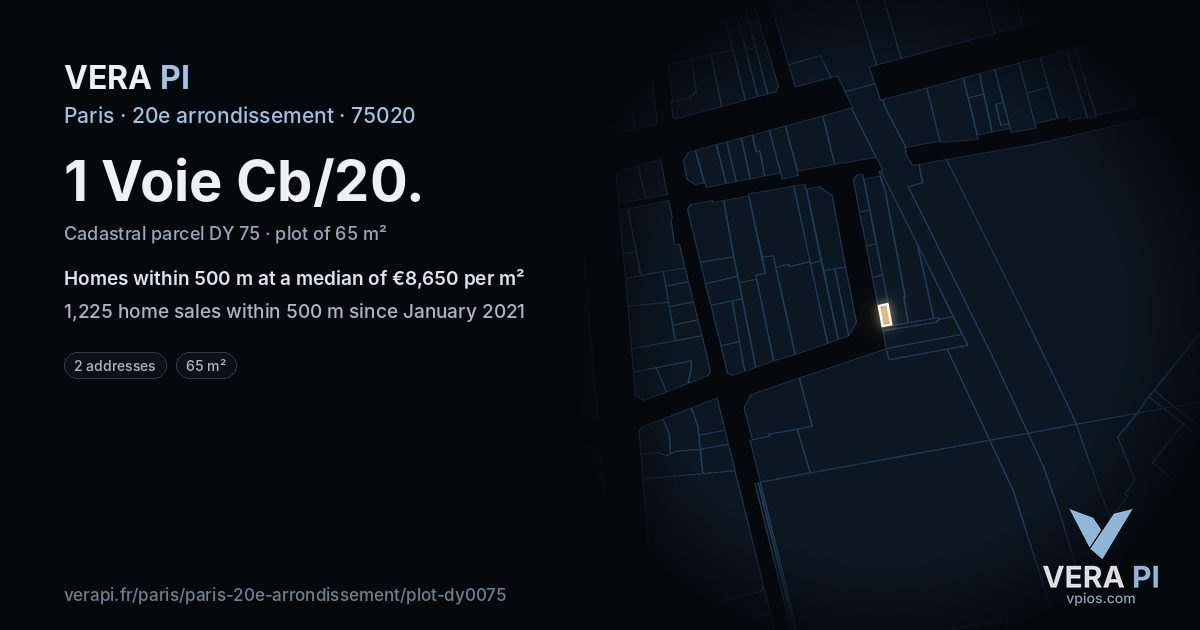 1 Voie Cb/20, 20e arrondissement at night – the plot lit, the parcels around coloured by the prices near them