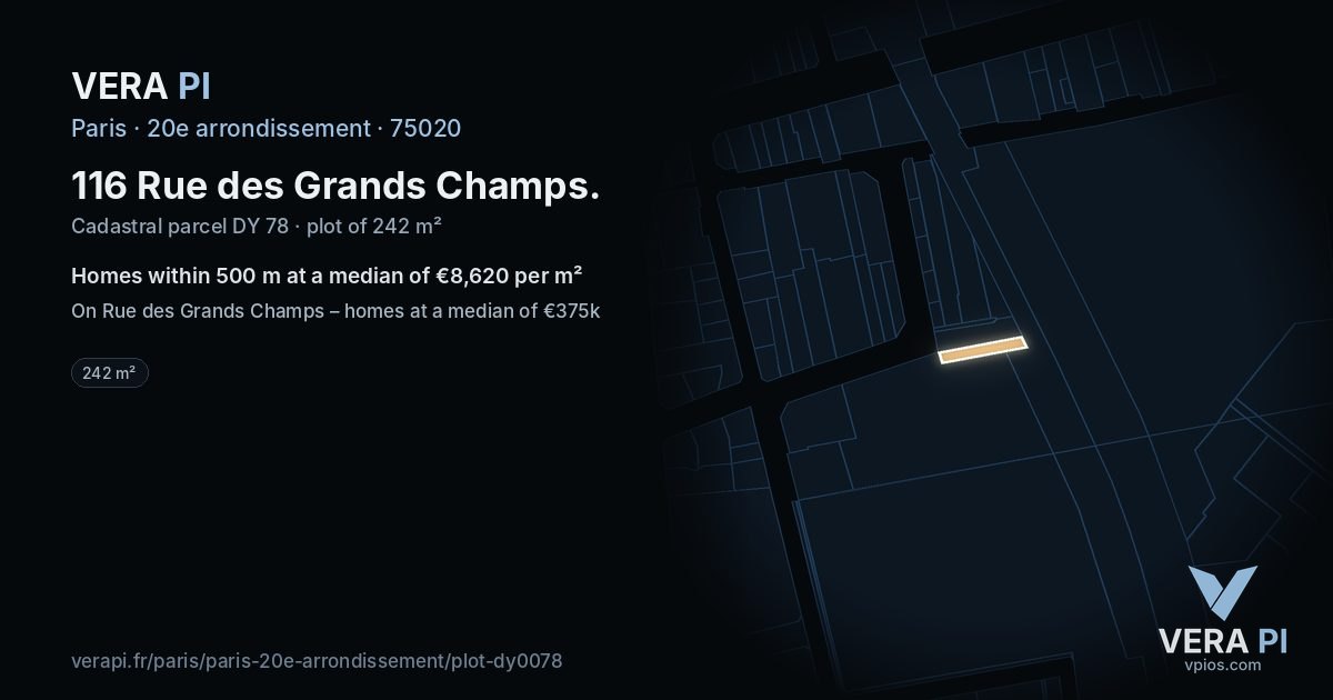 116 Rue des Grands Champs, 20e arrondissement at night – the plot lit, the parcels around coloured by the prices near them
