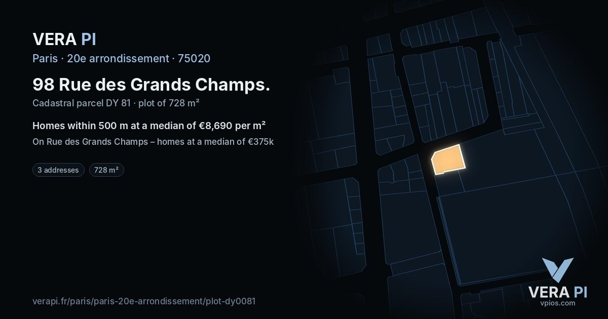 98 Rue des Grands Champs, 20e arrondissement at night – the plot lit, the parcels around coloured by the prices near them