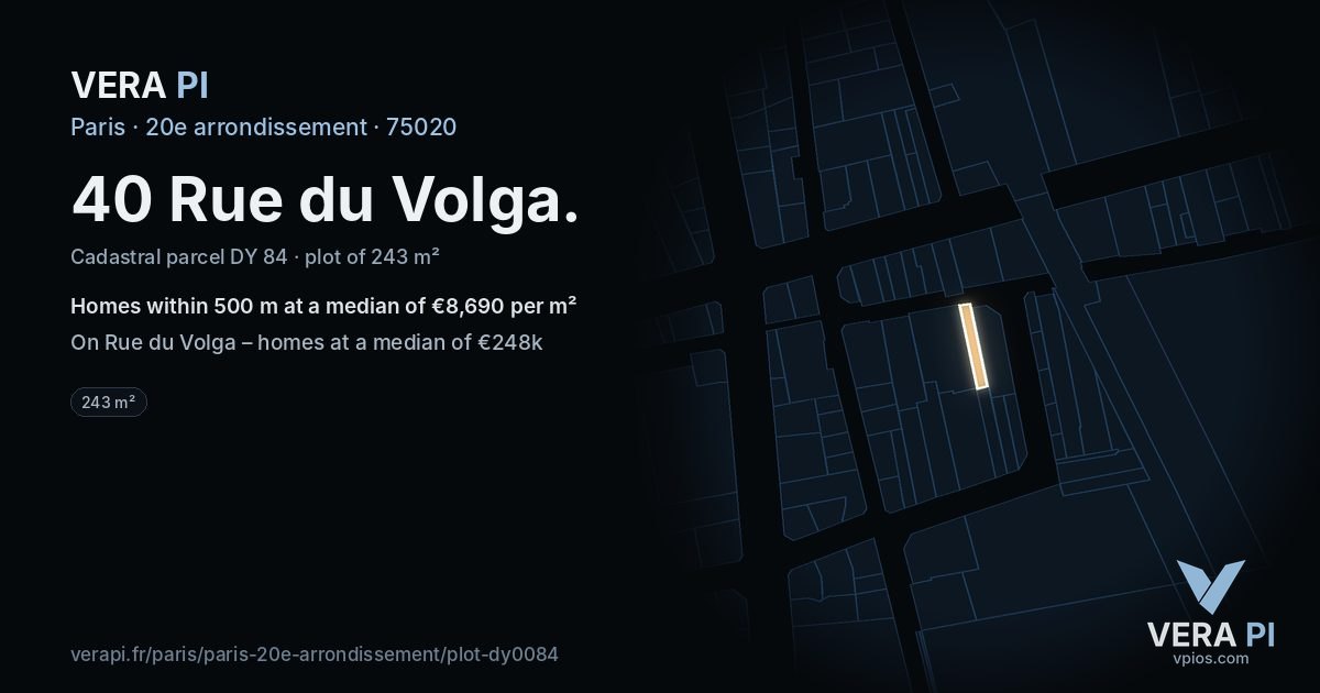 40 Rue du Volga, 20e arrondissement at night – the plot lit, the parcels around coloured by the prices near them