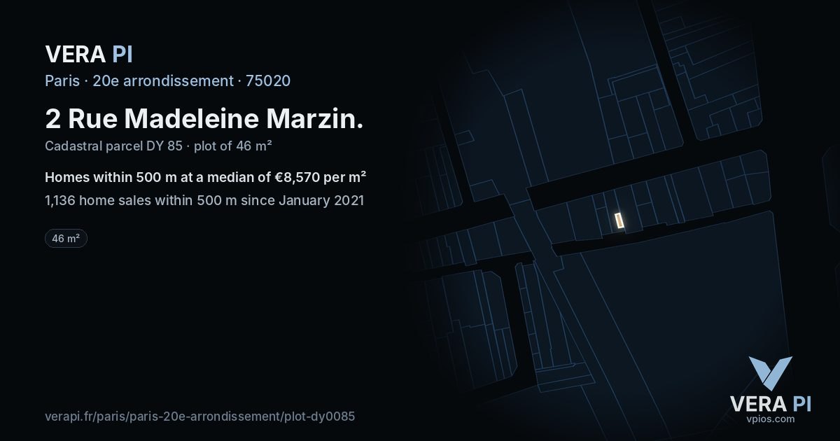 2 Rue Madeleine Marzin, 20e arrondissement at night – the plot lit, the parcels around coloured by the prices near them