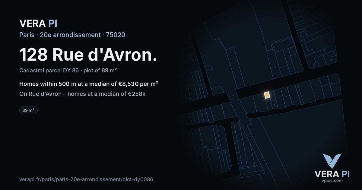 128 Rue d'Avron, 20e arrondissement at night – the plot lit, the parcels around coloured by the prices near them