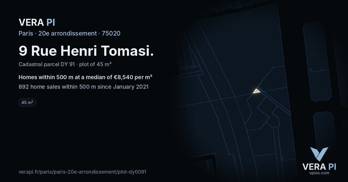 9 Rue Henri Tomasi, 20e arrondissement at night – the plot lit, the parcels around coloured by the prices near them