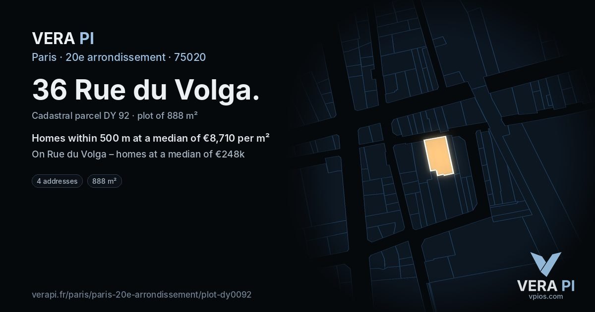 36 Rue du Volga, 20e arrondissement at night – the plot lit, the parcels around coloured by the prices near them