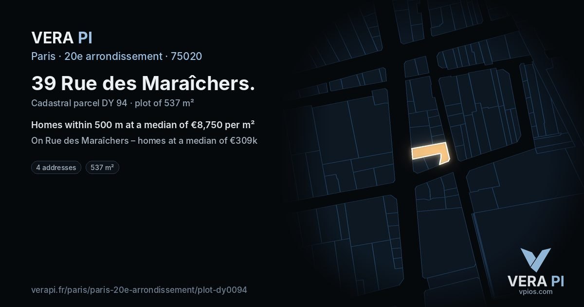 39 Rue des Maraîchers, 20e arrondissement at night – the plot lit, the parcels around coloured by the prices near them