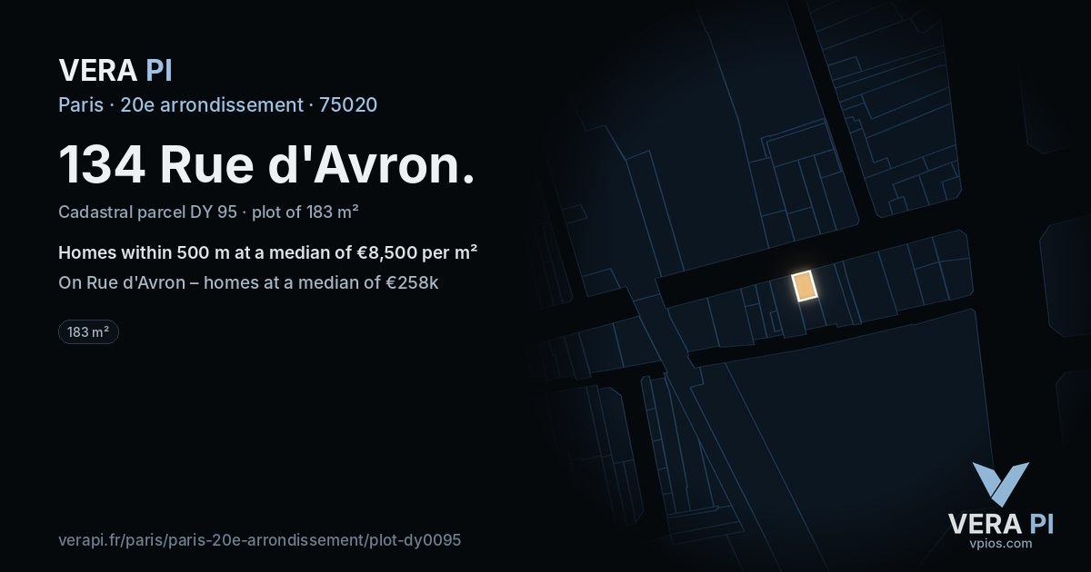 134 Rue d'Avron, 20e arrondissement at night – the plot lit, the parcels around coloured by the prices near them