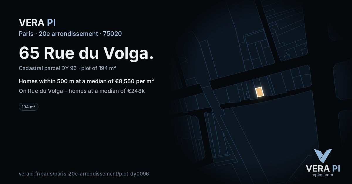 65 Rue du Volga, 20e arrondissement at night – the plot lit, the parcels around coloured by the prices near them