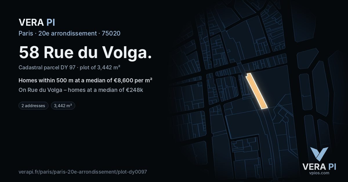 58 Rue du Volga, 20e arrondissement at night – the plot lit, the parcels around coloured by the prices near them