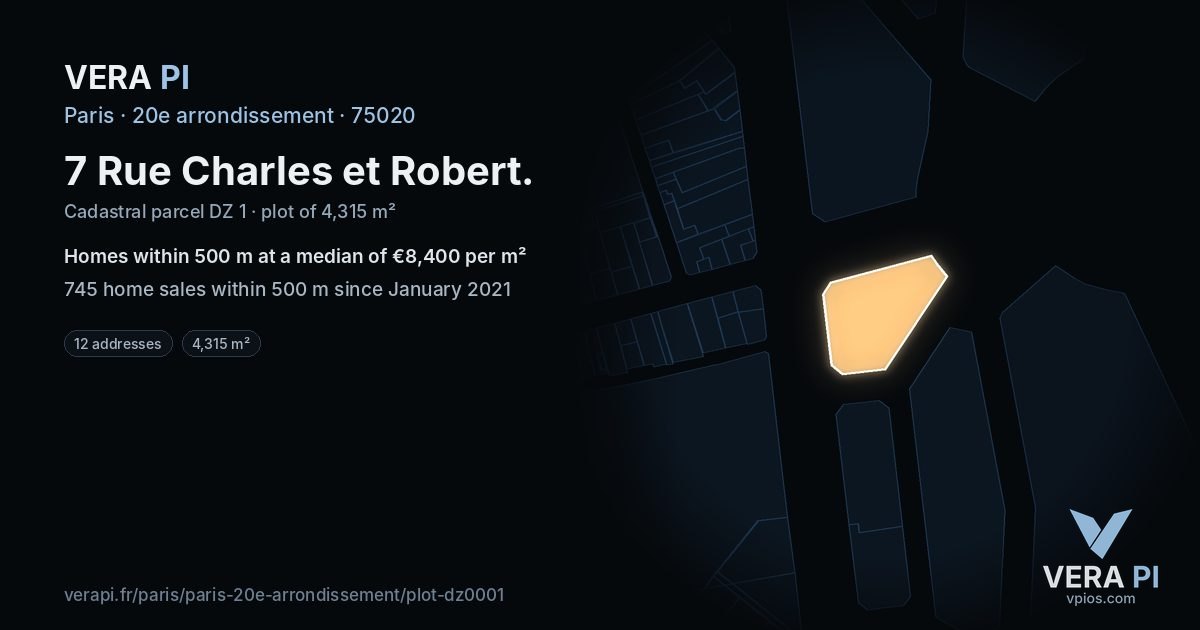 7 Rue Charles et Robert, 20e arrondissement at night – the plot lit, the parcels around coloured by the prices near them
