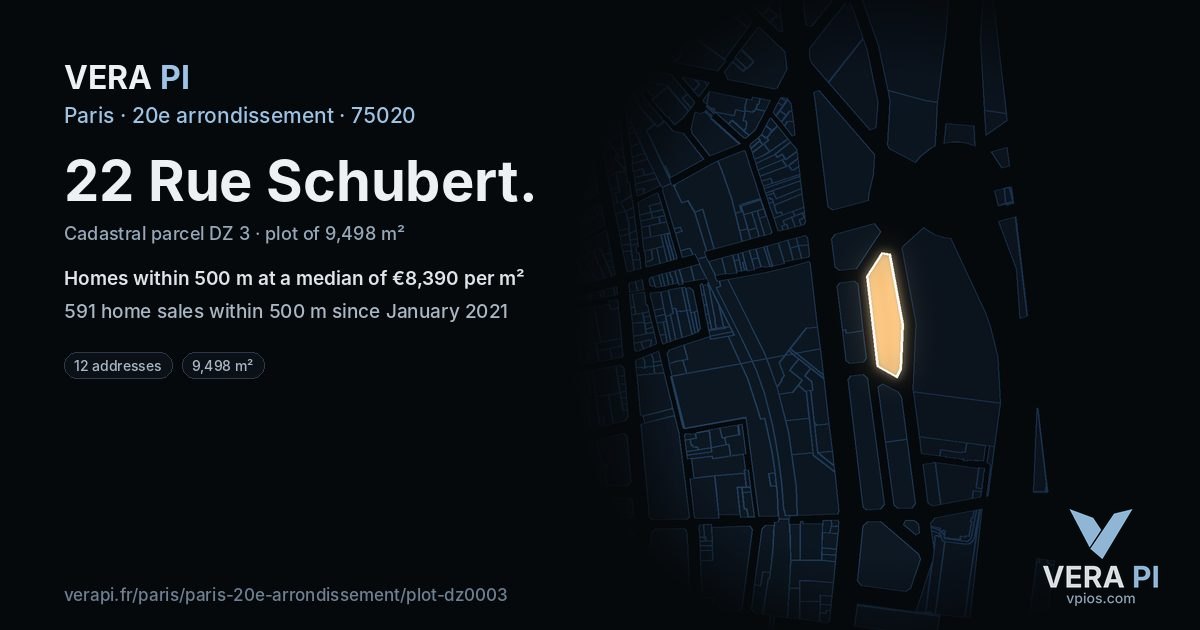 22 Rue Schubert, 20e arrondissement at night – the plot lit, the parcels around coloured by the prices near them