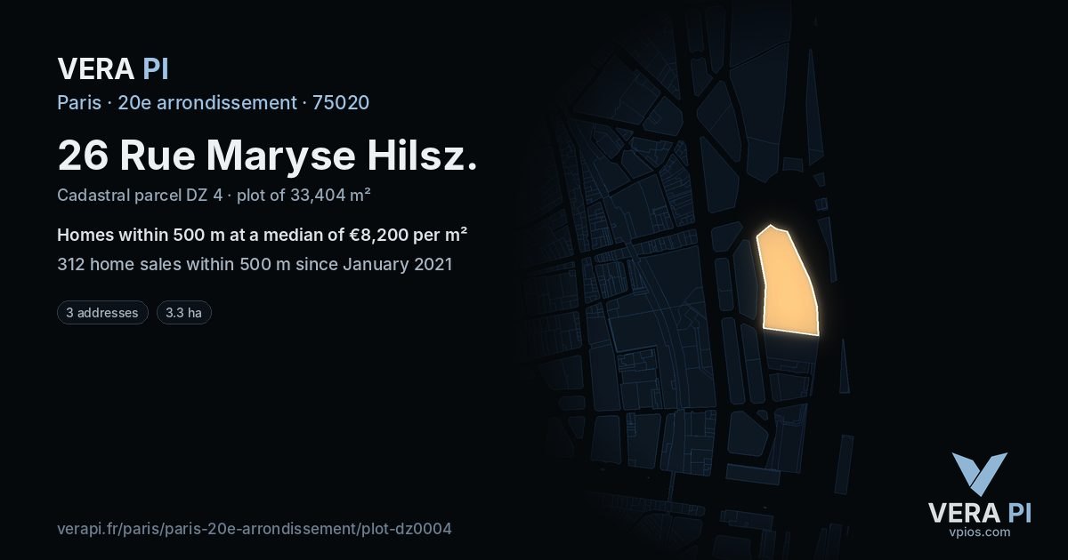 26 Rue Maryse Hilsz, 20e arrondissement at night – the plot lit, the parcels around coloured by the prices near them