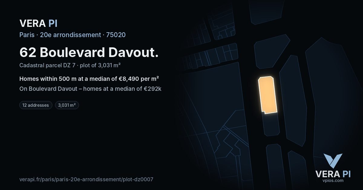 62 Boulevard Davout, 20e arrondissement at night – the plot lit, the parcels around coloured by the prices near them