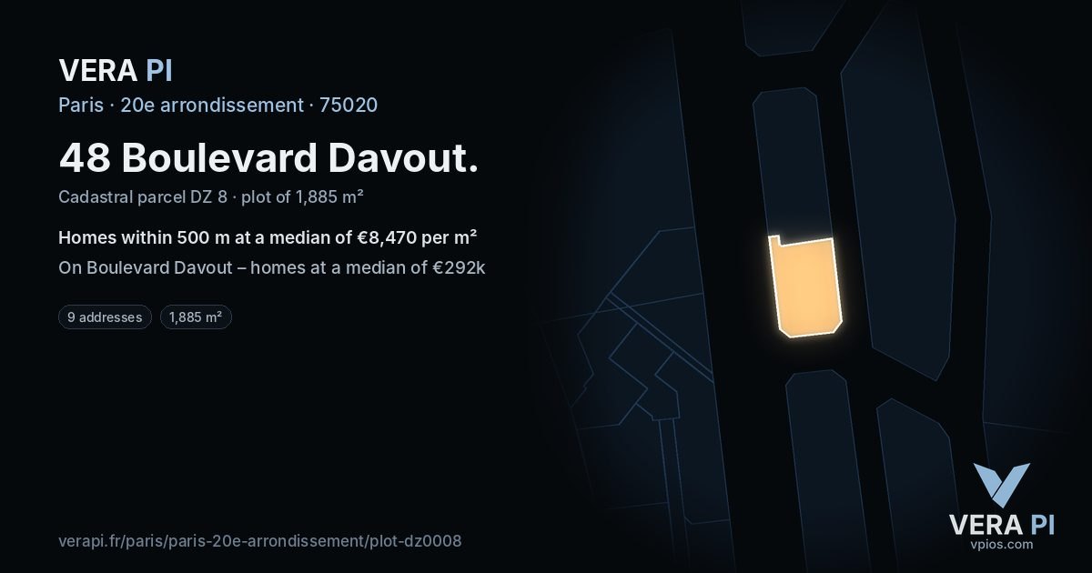 48 Boulevard Davout, 20e arrondissement at night – the plot lit, the parcels around coloured by the prices near them