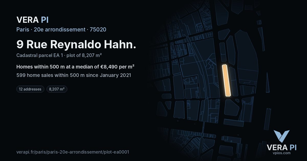 9 Rue Reynaldo Hahn, 20e arrondissement at night – the plot lit, the parcels around coloured by the prices near them