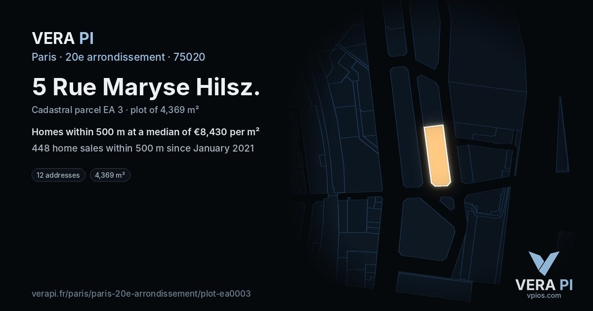 5 Rue Maryse Hilsz, 20e arrondissement at night – the plot lit, the parcels around coloured by the prices near them