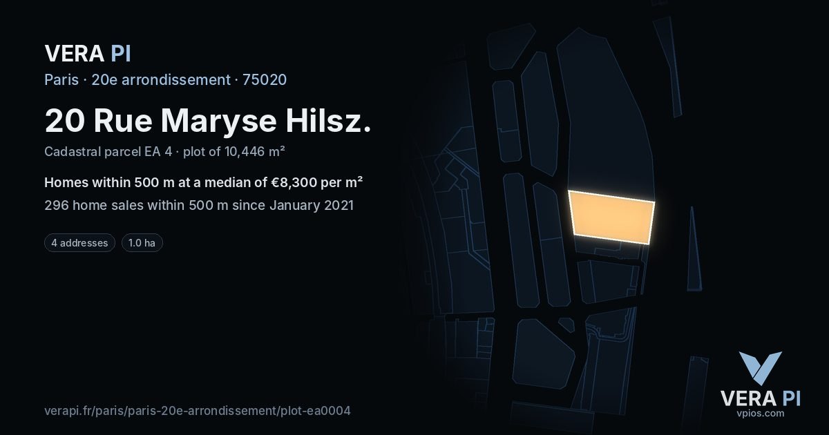 20 Rue Maryse Hilsz, 20e arrondissement at night – the plot lit, the parcels around coloured by the prices near them