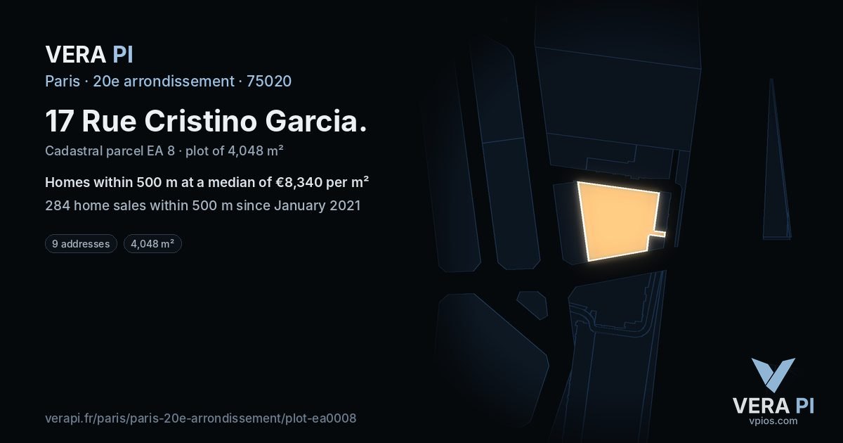 17 Rue Cristino Garcia, 20e arrondissement at night – the plot lit, the parcels around coloured by the prices near them