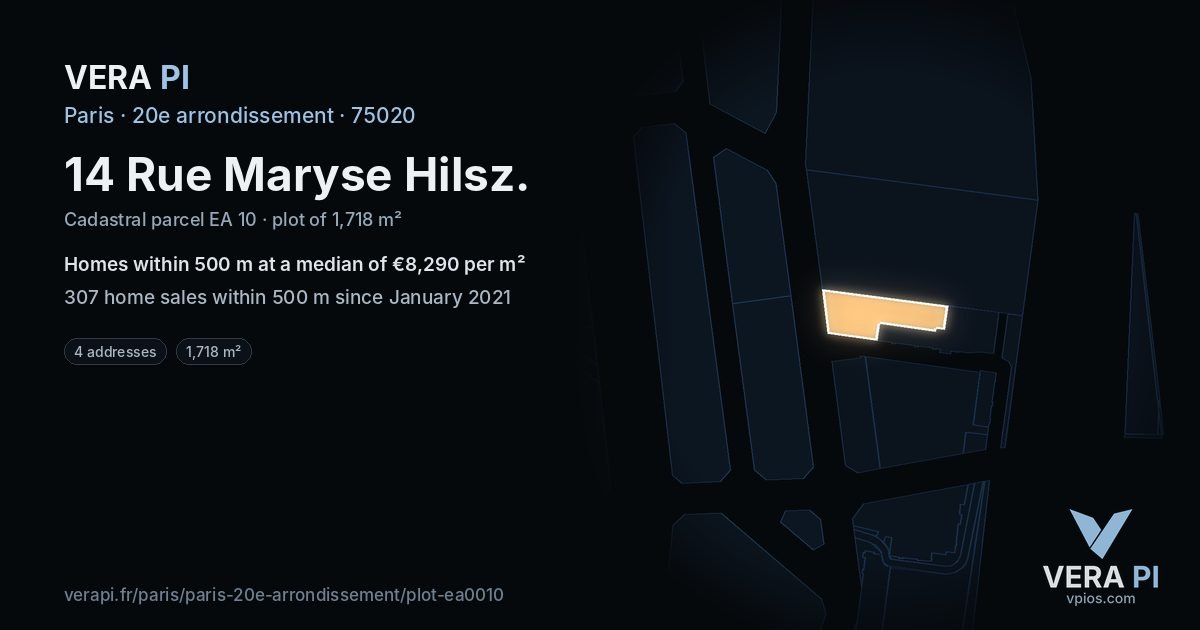 14 Rue Maryse Hilsz, 20e arrondissement at night – the plot lit, the parcels around coloured by the prices near them