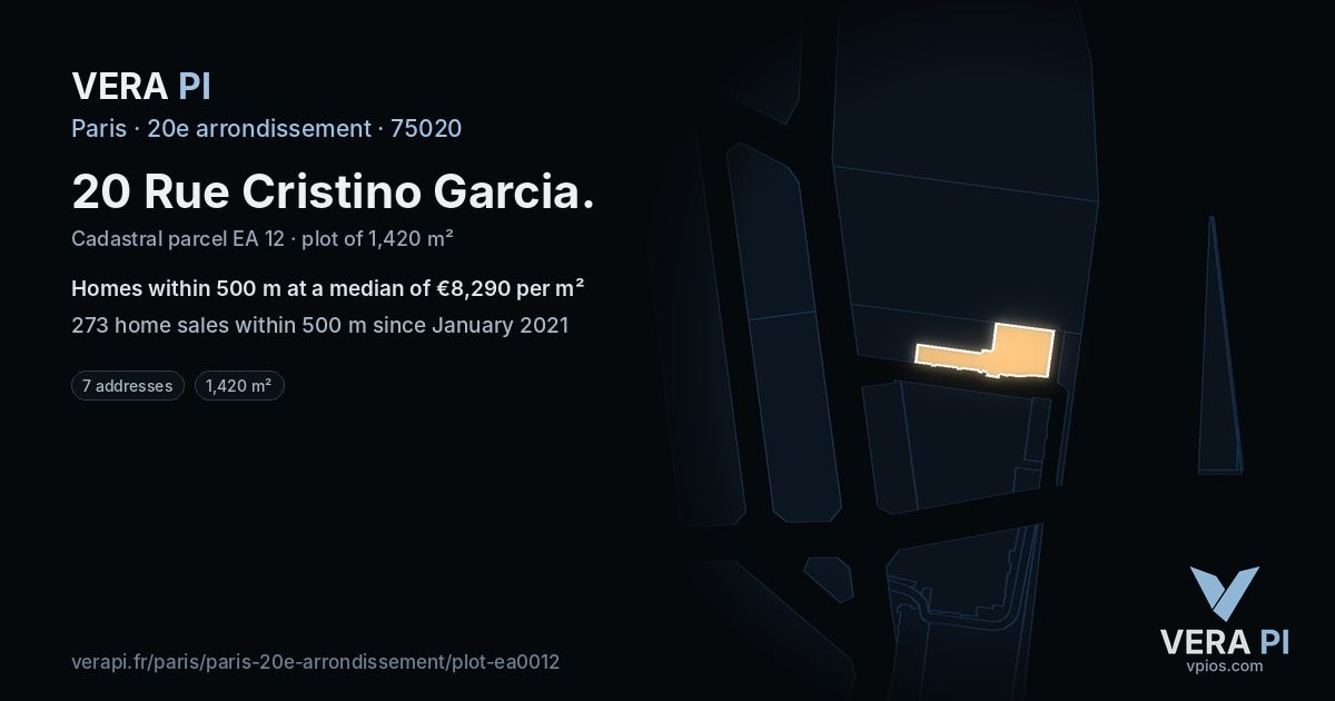 20 Rue Cristino Garcia, 20e arrondissement at night – the plot lit, the parcels around coloured by the prices near them