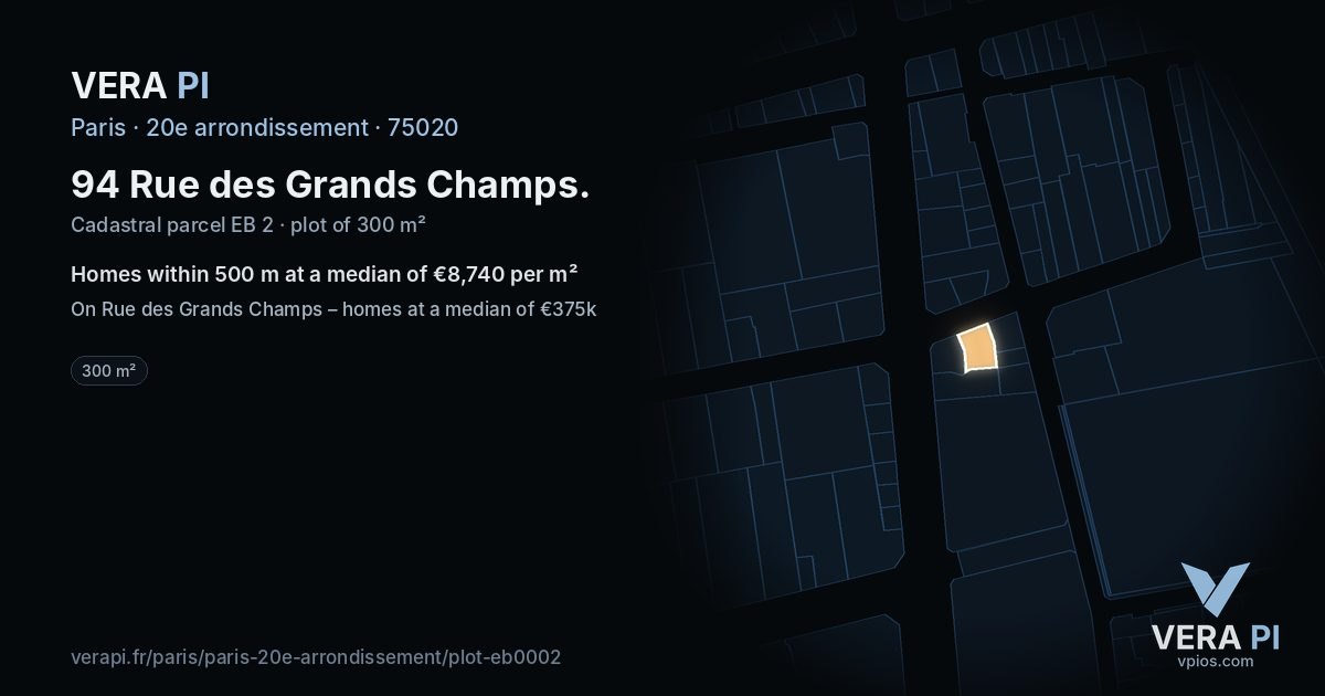 94 Rue des Grands Champs, 20e arrondissement at night – the plot lit, the parcels around coloured by the prices near them