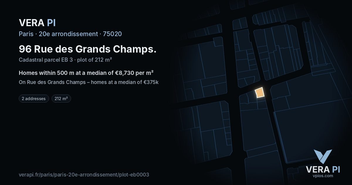 96 Rue des Grands Champs, 20e arrondissement at night – the plot lit, the parcels around coloured by the prices near them