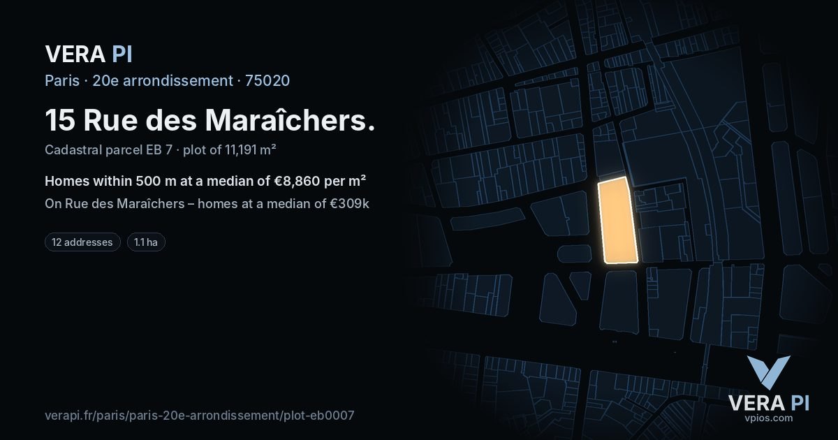 15 Rue des Maraîchers, 20e arrondissement at night – the plot lit, the parcels around coloured by the prices near them