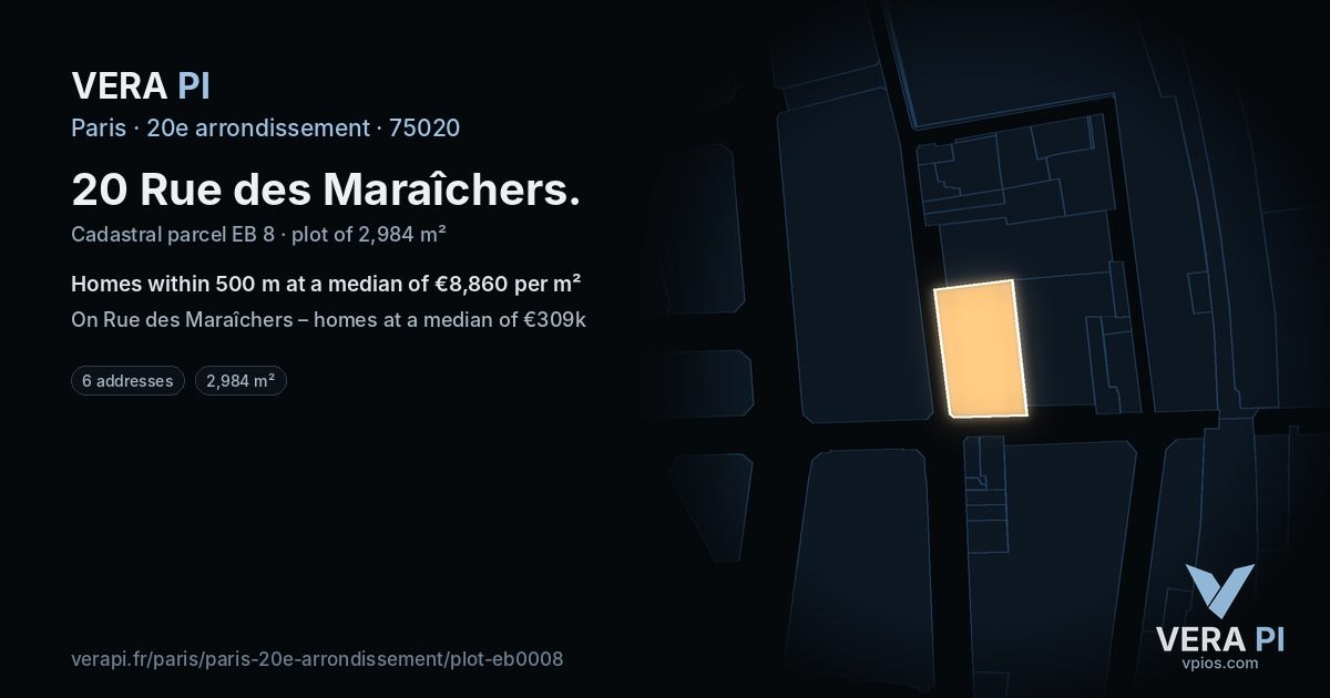 20 Rue des Maraîchers, 20e arrondissement at night – the plot lit, the parcels around coloured by the prices near them