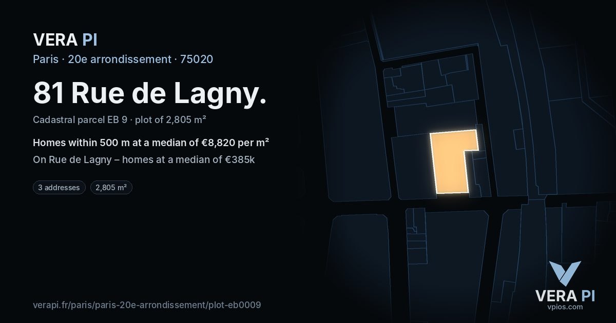 81 Rue de Lagny, 20e arrondissement at night – the plot lit, the parcels around coloured by the prices near them