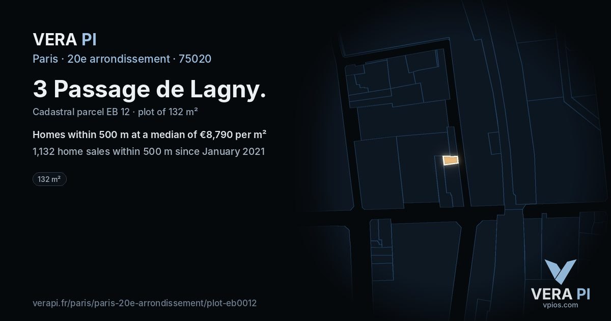 3 Passage de Lagny, 20e arrondissement at night – the plot lit, the parcels around coloured by the prices near them