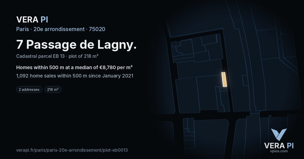 7 Passage de Lagny, 20e arrondissement at night – the plot lit, the parcels around coloured by the prices near them