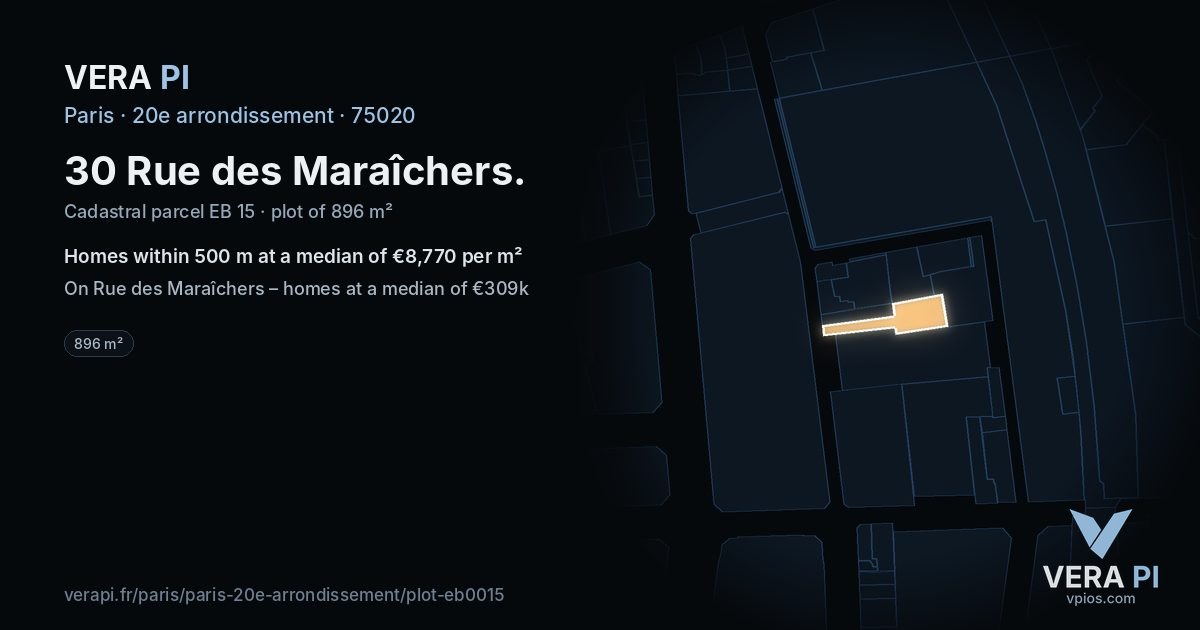 30 Rue des Maraîchers, 20e arrondissement at night – the plot lit, the parcels around coloured by the prices near them