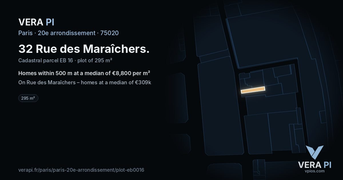 32 Rue des Maraîchers, 20e arrondissement at night – the plot lit, the parcels around coloured by the prices near them