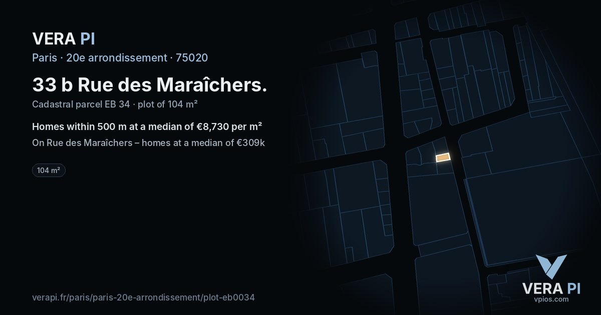 33 b Rue des Maraîchers, 20e arrondissement at night – the plot lit, the parcels around coloured by the prices near them