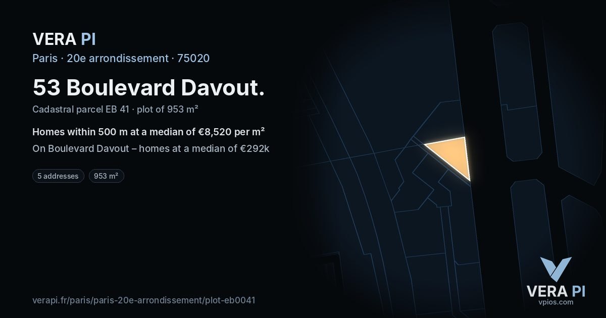 53 Boulevard Davout, 20e arrondissement at night – the plot lit, the parcels around coloured by the prices near them
