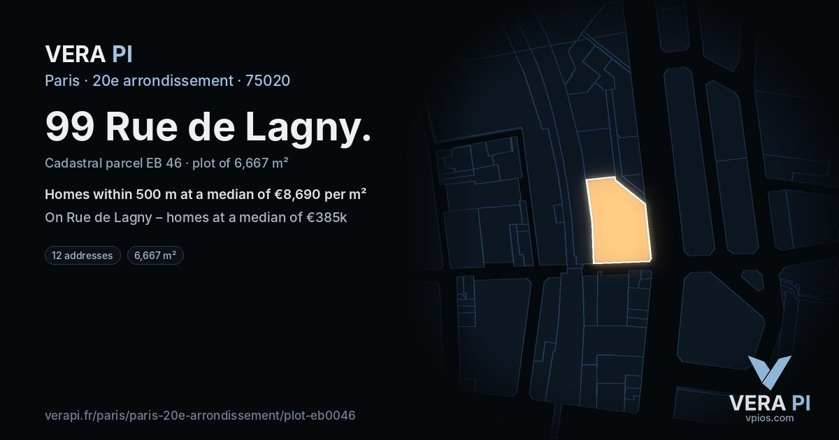 99 Rue de Lagny, 20e arrondissement at night – the plot lit, the parcels around coloured by the prices near them