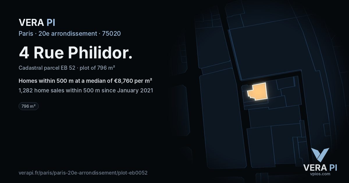 4 Rue Philidor, 20e arrondissement at night – the plot lit, the parcels around coloured by the prices near them